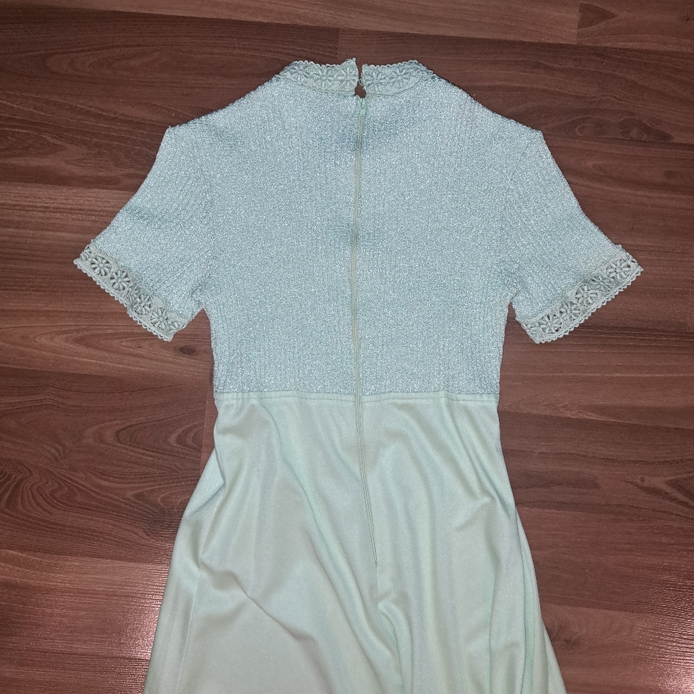 Vintage 70s Maxi Prom Dress Seafoam Pastel Green Lace trim babydoll Flare - Picture 6 of 12